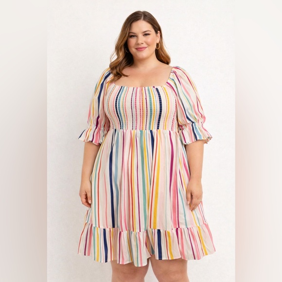 Eloquii Dresses & Skirts - Eloquii Elements Rainbow Stripe Smocked Puff Sleeve Mini Dress Size 16 NWT